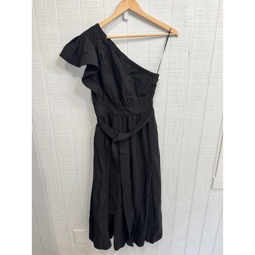Madewell One Shoulder Midi Dress Womens Black Ruffle Tie Waist Cotton 4